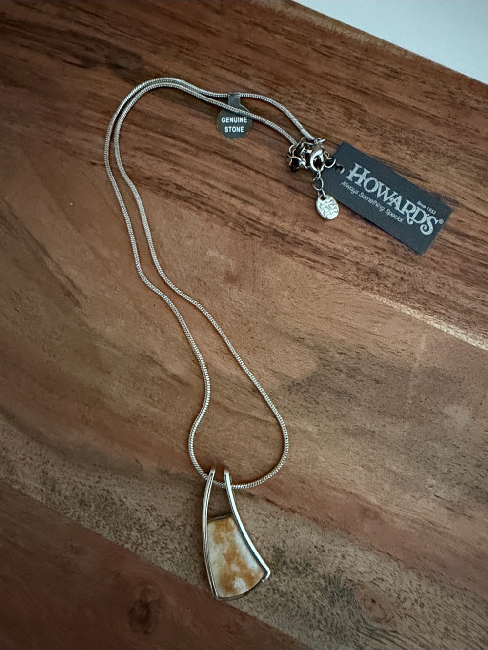Silver Tone Necklace with Beige Real Stone Pendant